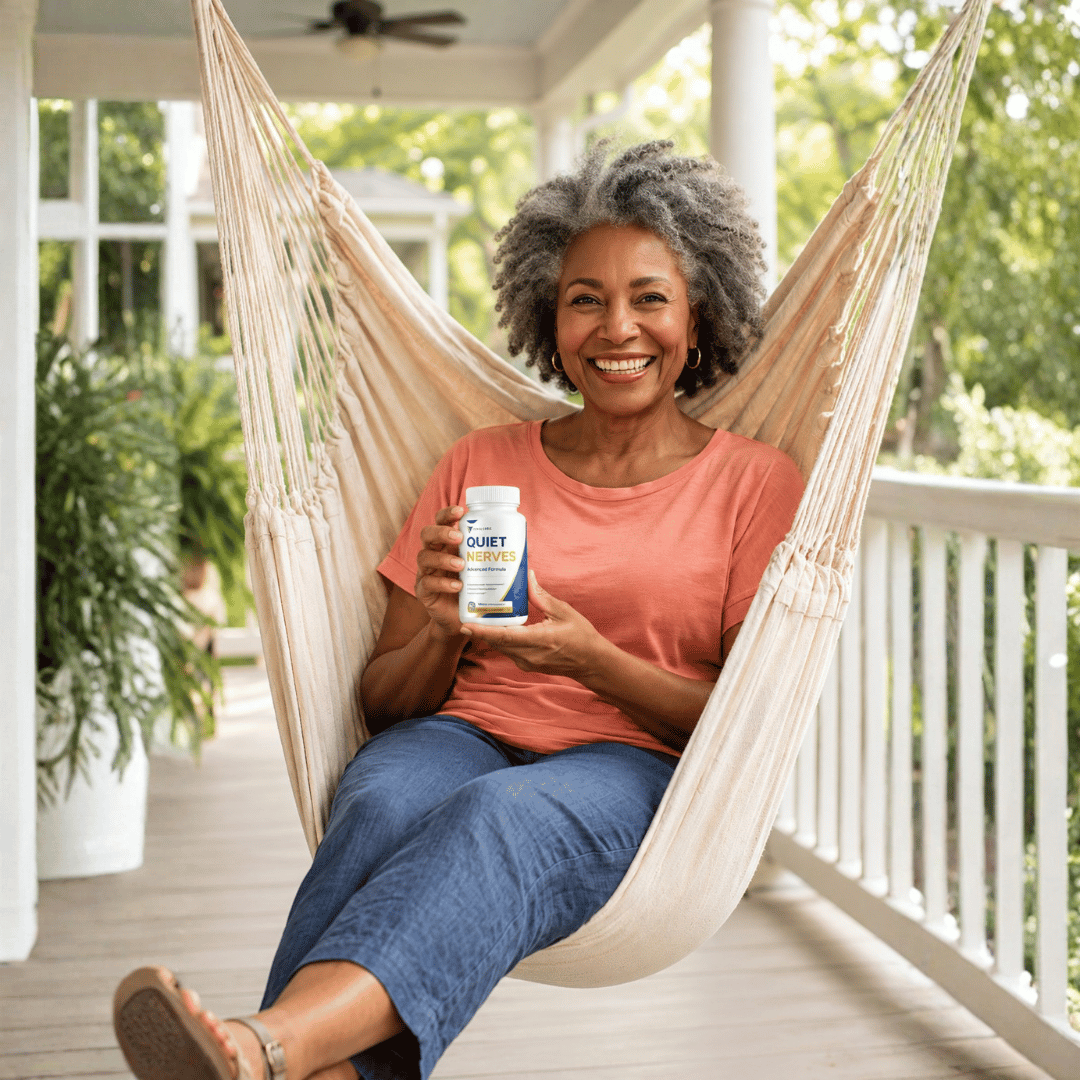 Woman of 67 smiling, sitting in a hammock on a porch, holding a bottle of Quiet Nerves